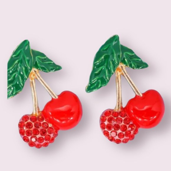 ⭐️❤️ FREE Cherry Rhinestone Boho Peasant Chic Fruit Leaf Glam Hipster Earrings - Picture 1 of 5